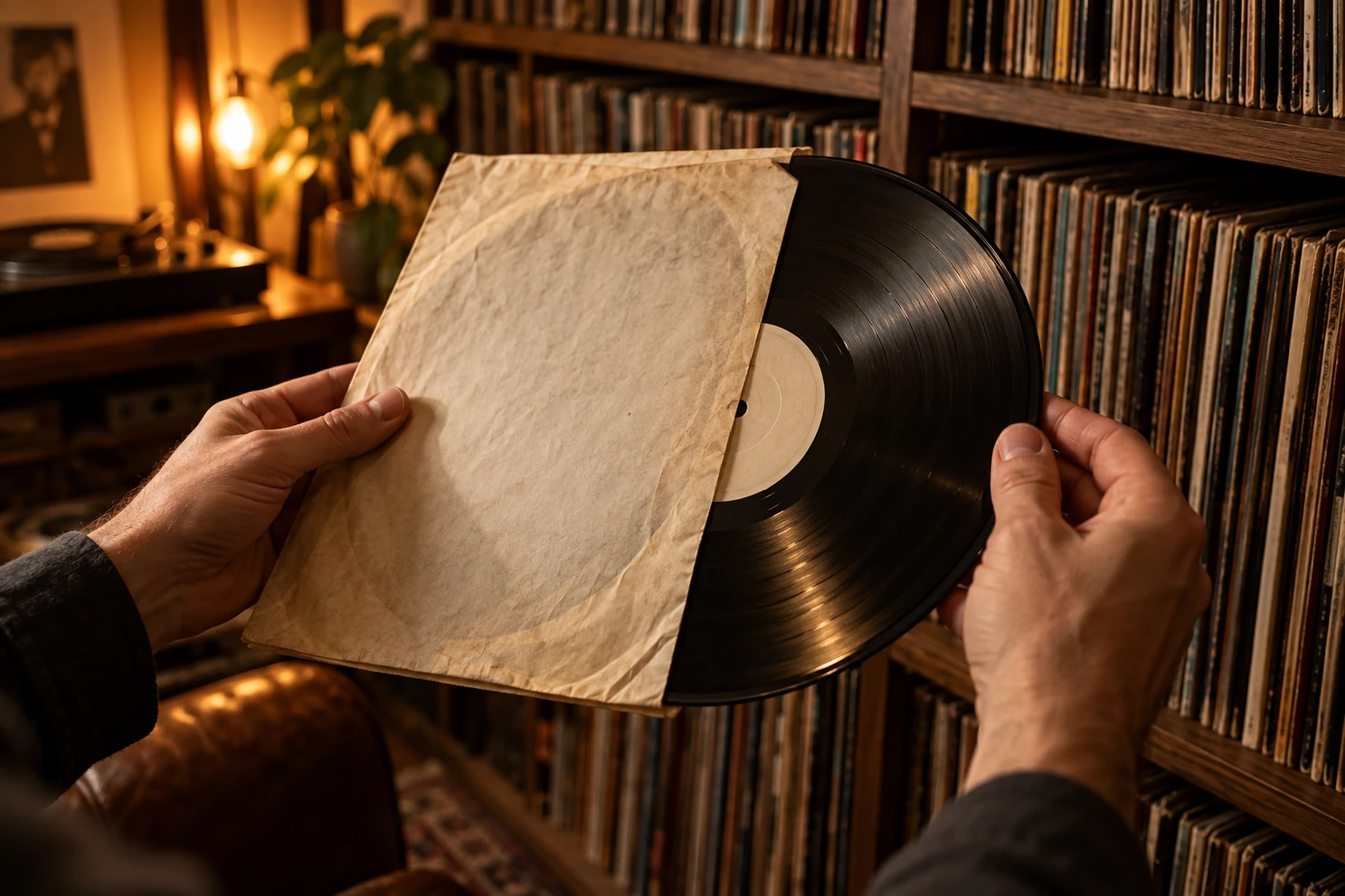 Hands taking a vinyl record out of its sleeve.