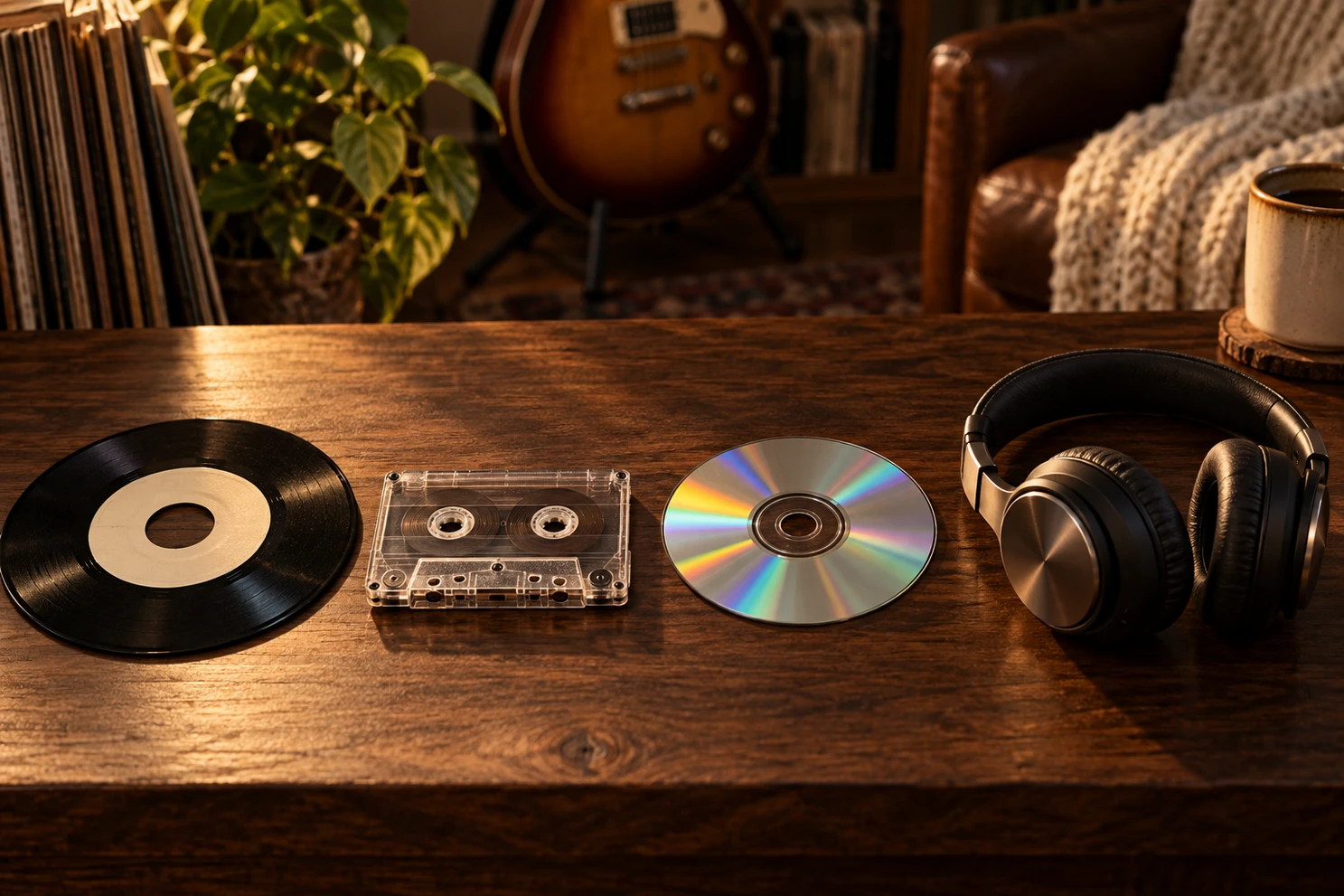 Vinyl, cassette, CD and headphones from different eras.
