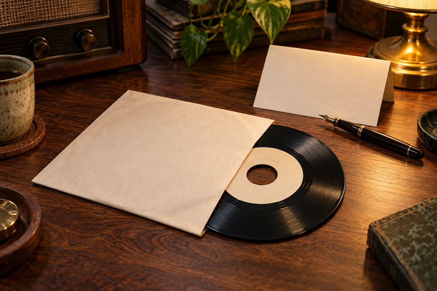 Vinylsingle mit leerer Notizkarte und Stift.