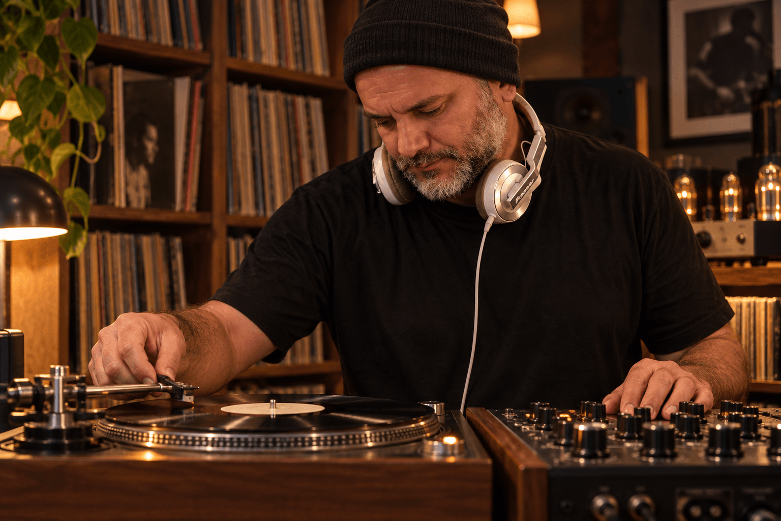 Marcos Argañaraz als DJ vor den Bedienelementen eines Plattenspielers, umgeben von Schallplatten.