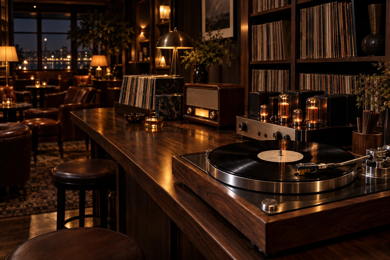 Hörecke mit Plattenspieler, Radio und Vinylsammlung.