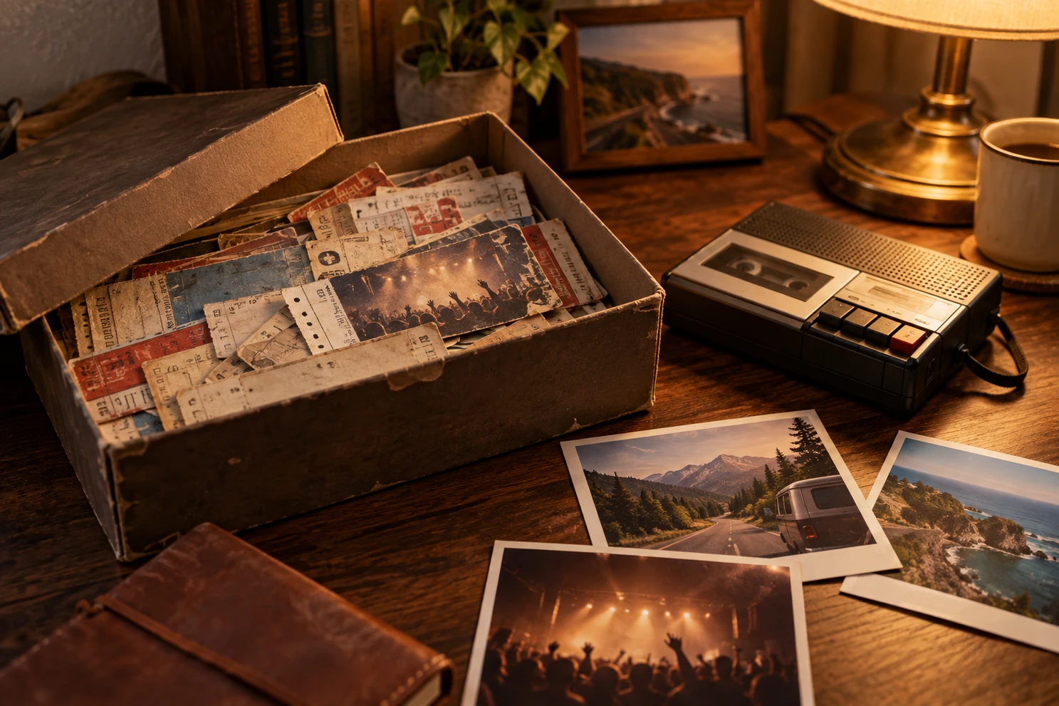 Concert tickets and memories beside a cassette recorder.