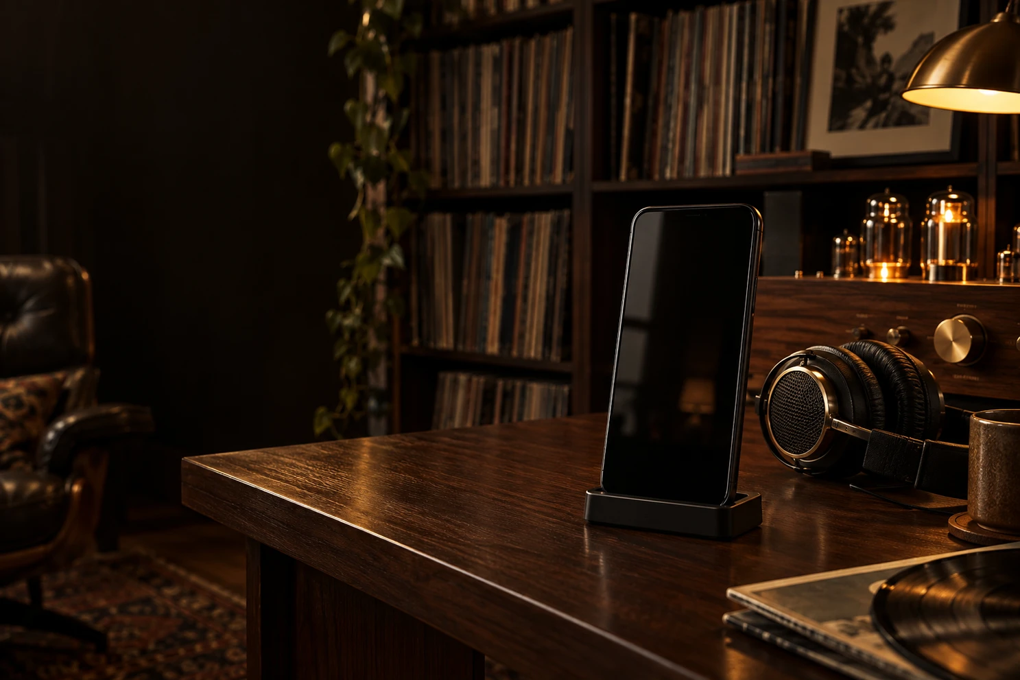 Teléfono y auriculares junto a una radio a válvulas.