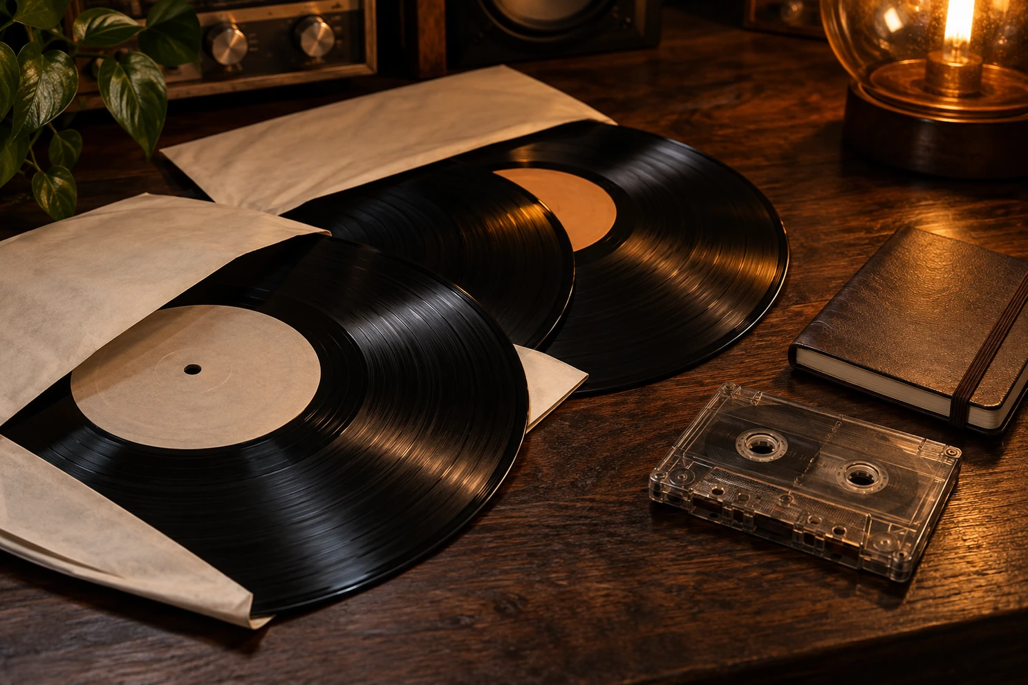 Discos de vinilo, un cassette y un cuaderno sobre una mesa de madera.