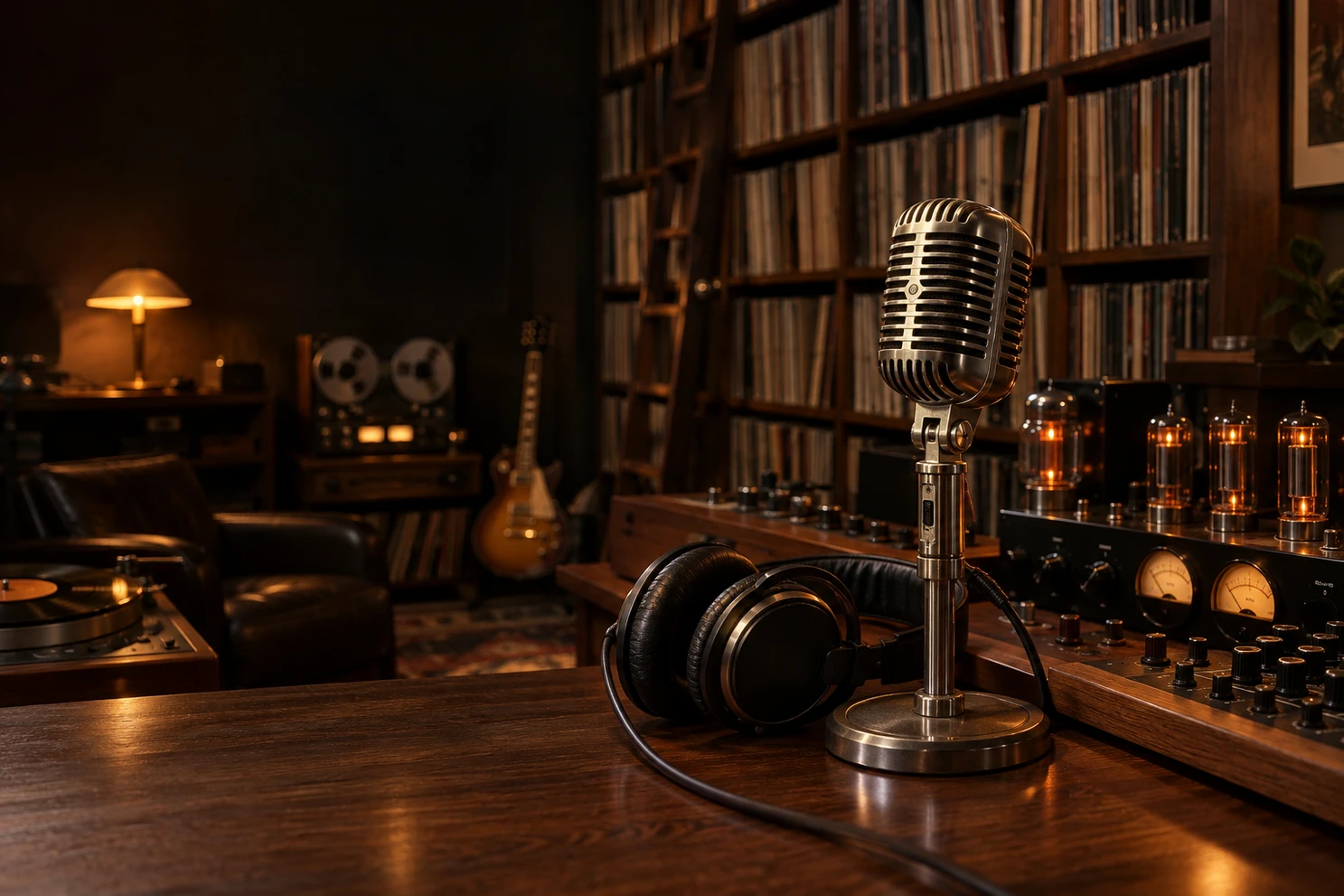 Radiomikrofon, Kopfhörer und Röhrenverstärker in einem Holzstudio.
